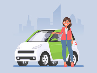 Young woman stands next to a car against the backdrop of the city. Vector illustration