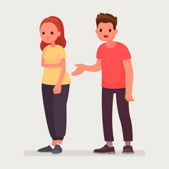 Sorry. The man apologizes to the offended woman. Relationships. Vector illustration