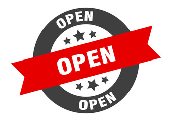 open sign. open black-red round ribbon sticker