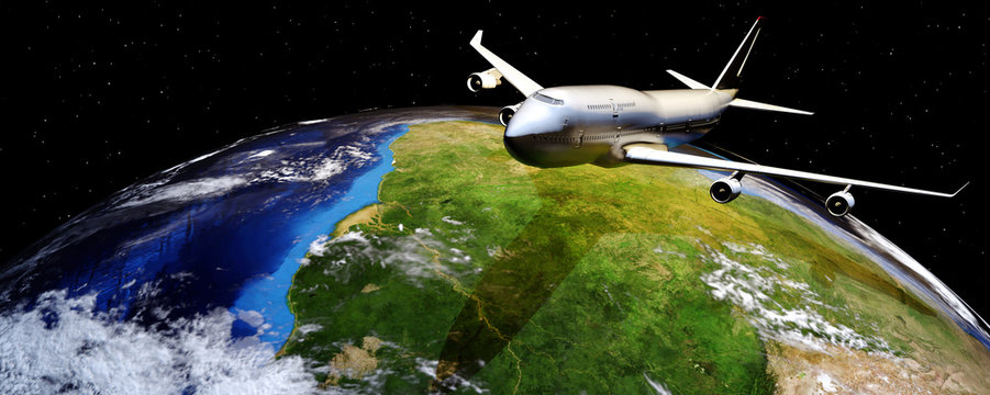 3d rendering.passenger plane in space flying over the earth, casts a shadow