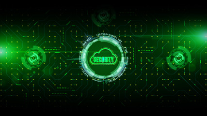 Secure data network digital cloud computing with circuit board data transfer. Cyber security concept.