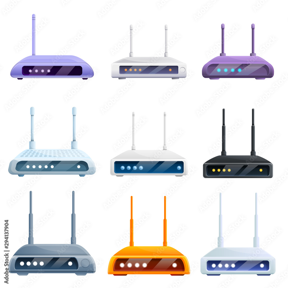 Poster router wireless icons set. cartoon set of router wireless vector icons for web design