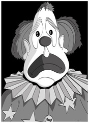 Sad clown. Dramatic black and white cartoon vector illustration.