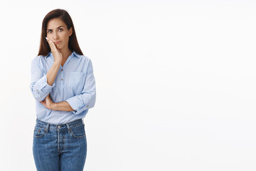 Serious-looking bothered intense adult brunette woman attend uninteresting boring event, lean palm, smirk annoyed, look camera apathy indifference, stand displeased white background