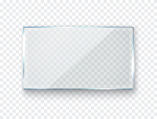 Glass, acrylic or plastic rectangle badge isolated on transparent background. Reflection 3d plate, clear window. Vector glare screen frame.