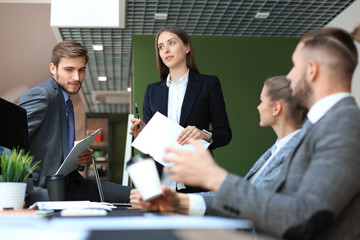 Business people analysis thinking finance growth success on meeting in office brainstorming, working on computers.