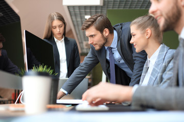 Business people analysis thinking finance growth success on meeting in office brainstorming, working on computers.