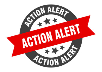 action alert sign. action alert black-red round ribbon sticker