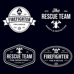 Obraz premium Set of firefighter volunteer, rescue team emblems, labels, badges and logos in monochrome style.