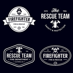 Set of firefighter volunteer, rescue team emblems, labels, badges and logos in monochrome style.