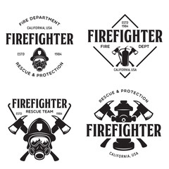 Set of firefighter volunteer, rescue team emblems, labels, badges and logos in monochrome style.