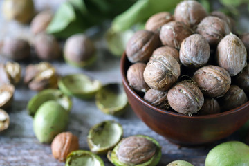 Inshell walnuts in a bowl. Harvest walnuts. The leaves of the walnut tree. Walnuts in a green peel. Selective focus. Macro.