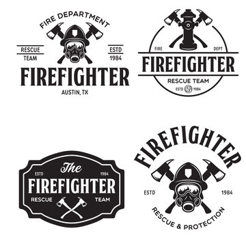 Set of firefighter volunteer, rescue team emblems, labels, badges and logos in monochrome style.