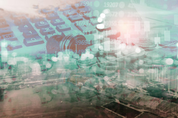 Candle stick graph chart with indicator: Cryptocurrencies graphs trading including of up and down trend with divergent reverse price pattern.