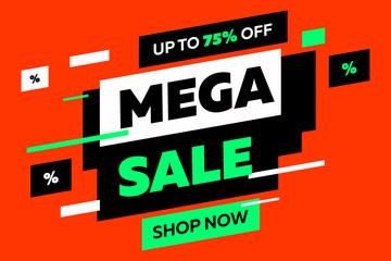 Abstract elements for sale flyers on red background. Dynamic shapes and lines, Mega Sale, Shop now text. Vector illustration for advertising design, banner and poster templates