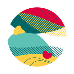 Red, yellow, aquamarine abstract circle. Circular form with hatching, regular round shape, flowing liquid. Vector illustration for print, flyer, logo design