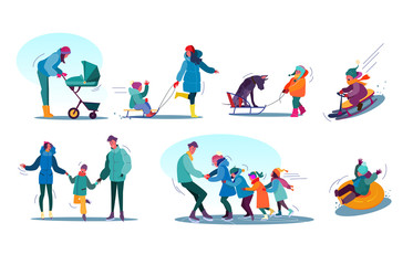 Fototapeta na wymiar Children and families winter activities set. People sledging, skating, walking with dog. Activity concept. Vector illustration for topics like vacation, winter, entertainment