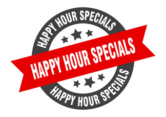 happy hour specials sign. happy hour specials black-red round ribbon sticker
