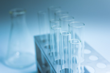 Science chemical tubes with colorful liquid. Medical laboratory research background. pharmacology and biotechnology concept. Copy space for texting.