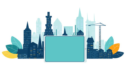 Naklejka premium Modern city, business district surrounded by communication icons. Business concept illustration.
