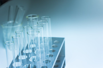 Science chemical tubes with colorful liquid. Medical laboratory research background. pharmacology and biotechnology concept. Copy space for texting.