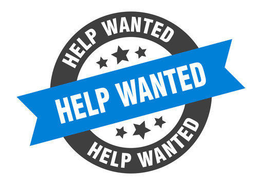 help wanted sign. help wanted blue-black round ribbon sticker