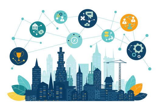 Modern city, business district surrounded by communication icons. Business concept illustration.