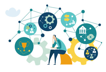 Thinking Businessman surrounded by communication icons. Business developing and support,  brainstorming, Global business, logistics, concept illustration