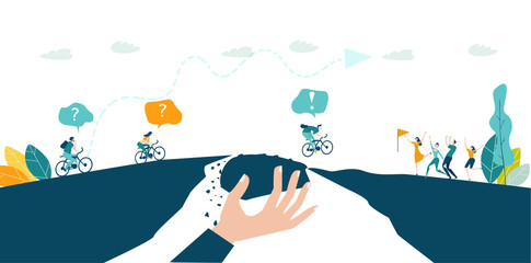 Hand of businessman helping the team to pass the dangers in business. Consultancy, support and business develop concept. Finance adviser, taxes and assurance 