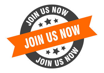 join us now sign. join us now orange-black round ribbon sticker