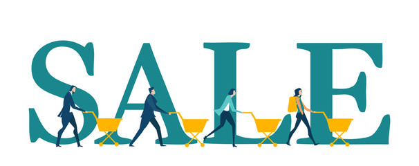 Team of Business people walking by the Sale sign with shopping buckets. Sale promotion. Business concept illustration