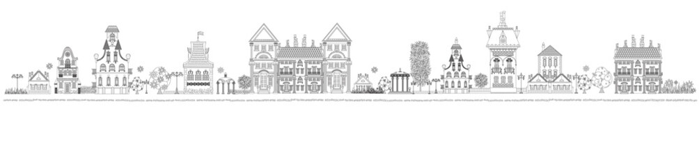 Big panorama of the City, doodle design with lots of details. Old fashion residential buildings and trees. Beautiful background.