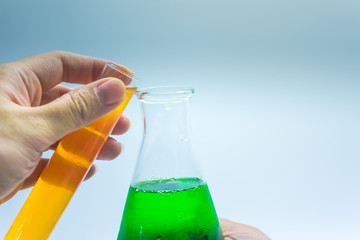 Science chemical tubes with colorful liquid. Medical laboratory research background. pharmacology and biotechnology concept. Copy space for texting.