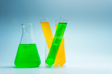 Science chemical tubes with colorful liquid. Medical laboratory research background. pharmacology and biotechnology concept. Copy space for texting.