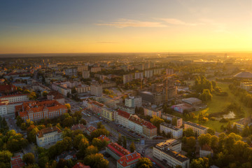 Morning sun illuminates the old town of Olsztyn. Warmia, Poland.
