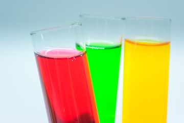 Science chemical tubes with colorful liquid. Medical laboratory research background. pharmacology and biotechnology concept. Copy space for texting.