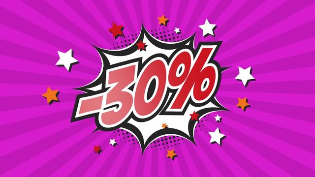 -30% SALE - Comic Pop Art text video 4K, chroma key version included. Vintage colorful cartoon animation with explosion of speech bubble message.