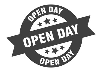 open day sign. open day black round ribbon sticker