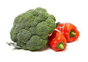 broccoli, red chili pepper on white background