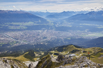 mountain town in Austria, forests, rocks, summer, haze
