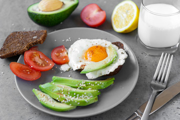 sandwich with eggs and avocado and tomato on a plate, sesame, a piece of bread, a glass of milk on a gray background,