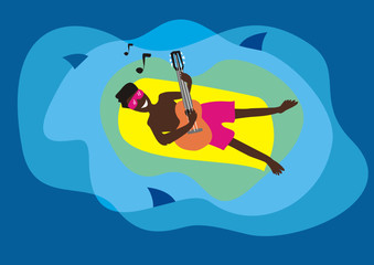 A musician swims on a mattress and plays the guitar