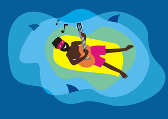 Black bearded musician swims on a mattress among sharks and plays the guitar