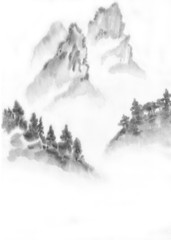 Fototapeta na wymiar Background with mountains. Ink mountain landscape. Mountains in the fog. Trees on the mountain. Ink image. 