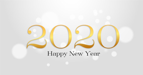2020 lettering and New Year celebration message in gold color on white and gray background. Can be used as greeting card.