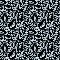 A seamless vector graphic floralbattern with black flowers and leaves on a pale blue background. Surface print design.