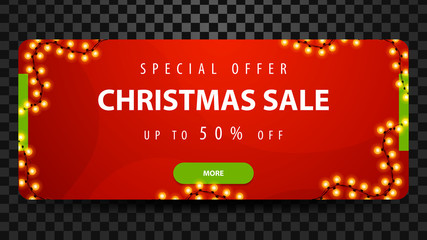 Christmas sale, up to 50% off, red bright horizontal modern web banner with button and garland