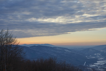 Obraz premium Carpathian mountains in the clouds, beautiful beech forests, in winter, saturated colors, contrasting colors