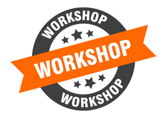 workshop sign. workshop orange-black round ribbon sticker