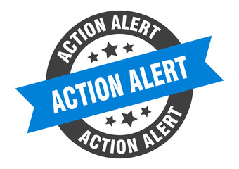 action alert sign. action alert blue-black round ribbon sticker